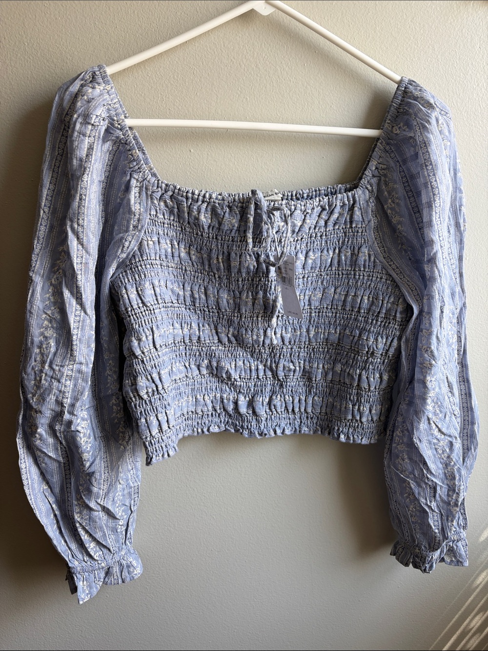 American Eagle Outfitters Women’s Large Light Blue Smocked Puff-Sleeve Crop Top